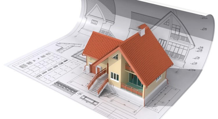 3D isometric view the residential house on architects drawing. Background image is my own.
